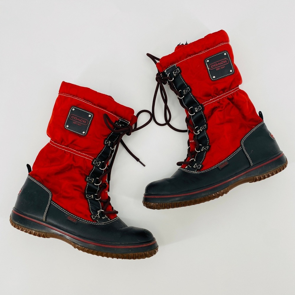 Coach Snow Boots Women 8B Red Signature Monogram Quilted Lace Up Winter‎